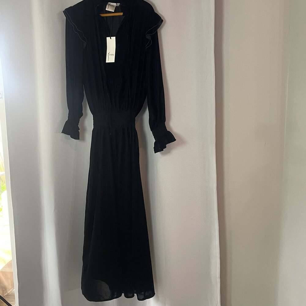 Finley Black Velvet Smocked Self-Tie Neck Ruffled Midi Dress Size S